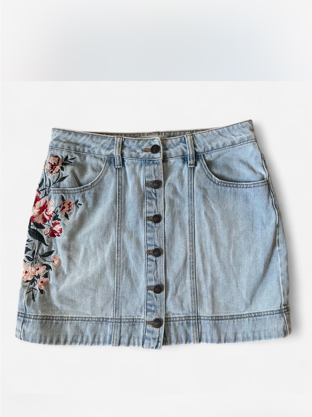 PacSun Light Blue Denim Mini Skirt with Floral Embroidery